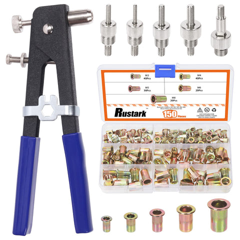 Rustark 151Pcs M3 M4 M5 M6 M8 Threaded Rivet Nuts 10.6Inch Hand Rivet Tool Rivet Nut Setter with 5 Sizes Metric Mandrels Heavy Duty Rivnut Blind Riveting Tools Hand Riveter Rivet Nut Gun Kit