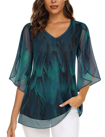 Syphiby Ladies Summer Tops Chiffon Blouses for Women Ladies Evening Tops Ruffle 3/4 Sleeve Dressy Tops for Women UK Chiffon Tops for Ladies Going Out Tops for Women UK Tunic Tops to Wear with Leggings