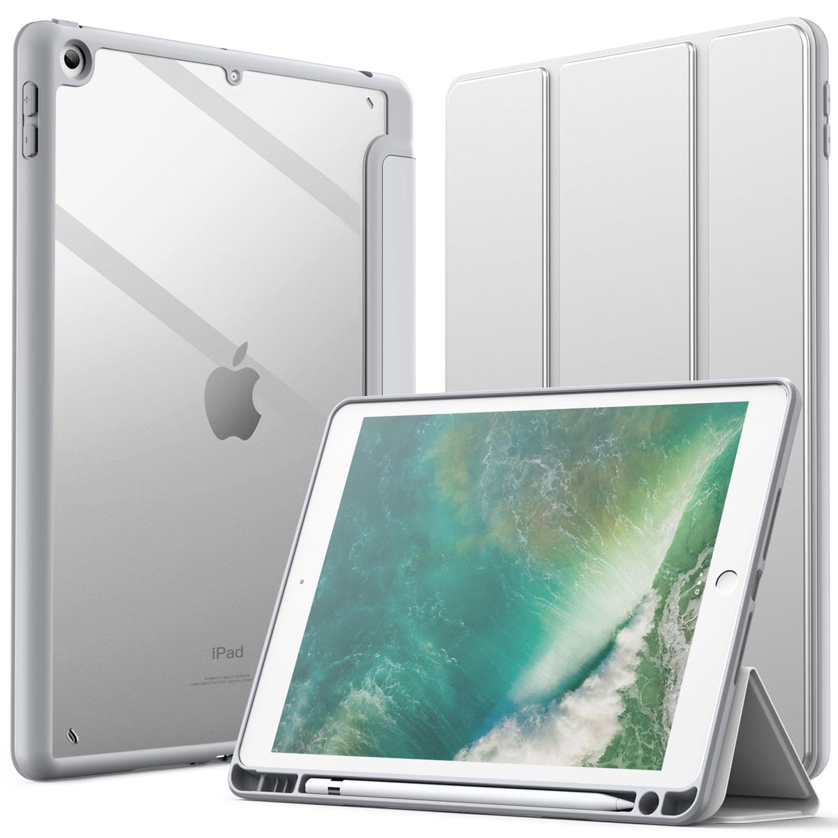 JETech Case for iPad 9.7-Inch (6th/5th Generation, 2018/2017) with Pencil Holder, Clear Transparent Back Shell Slim Stand Shockproof Tablet Cover, Auto Wake/Sleep (Silver)