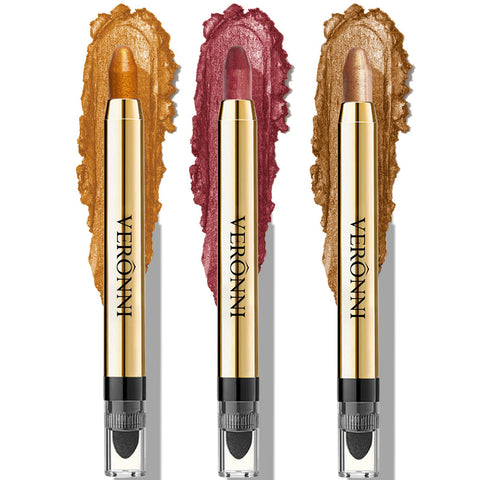 VERONNI 3PCS Eyeshadow Stick Set, Creamy Shimmer Eye Shadow Sticks, Waterproof Long Lasting Eye Brightener Makeup Pencil with Soft Smudger (3PCS SET 02)