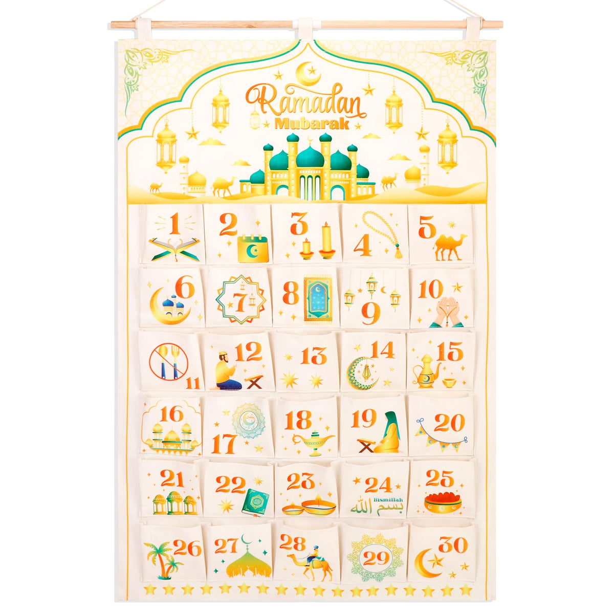 HOWAF Ramadan Advent Calendar, Ramadan Mubarak Reusable Fabric Advent Calendar 30 Pockets Ramadan Calendar Ramadan Countdown Hanging Calendar, Eid Ramadan Decorations for Home, White Gold, 10X10CM