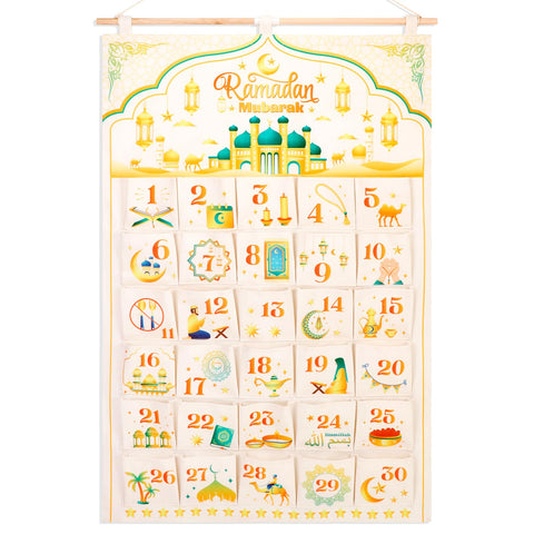 HOWAF Ramadan Advent Calendar, Ramadan Mubarak Reusable Fabric Advent Calendar 30 Pockets Ramadan Calendar Ramadan Countdown Hanging Calendar, Eid Ramadan Decorations for Home, White Gold, 10X10CM