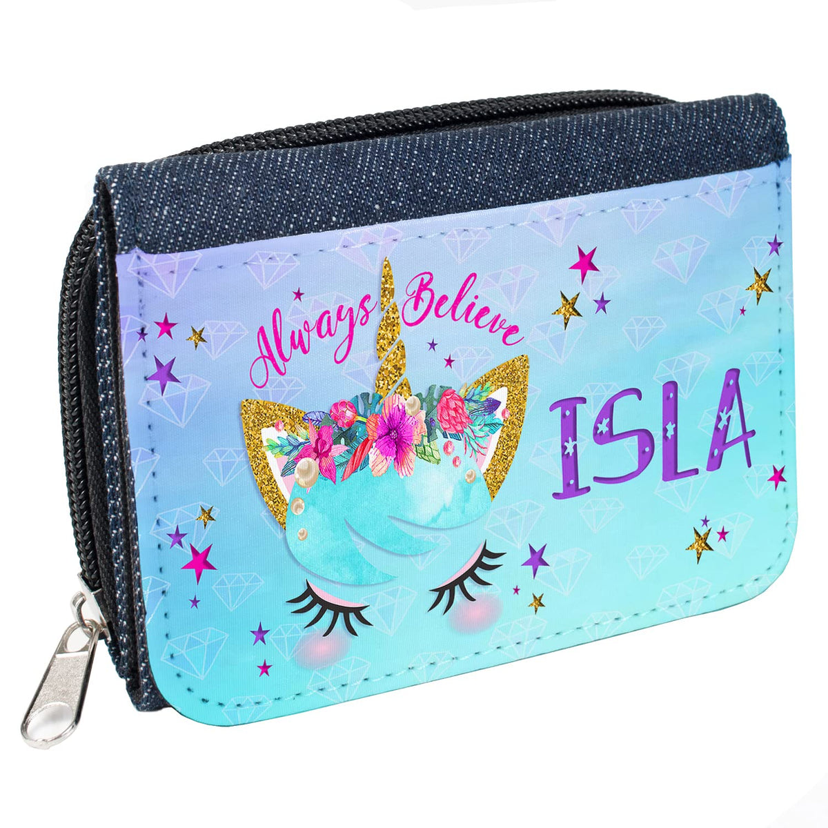 Girls Cute Unicorn Purse Personalised Pretty Magical Childrens Denim Coin Money Wallet Gift KS33