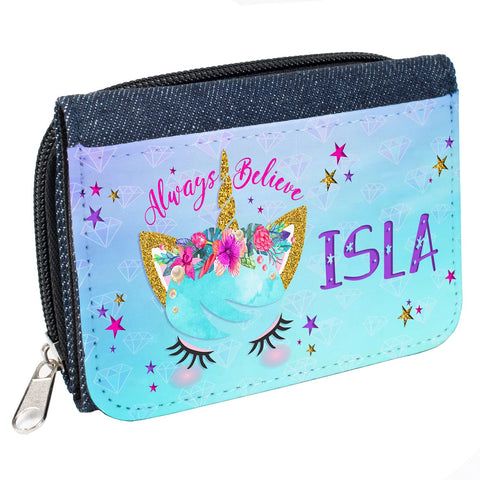 Girls Cute Unicorn Purse Personalised Pretty Magical Childrens Denim Coin Money Wallet Gift KS33