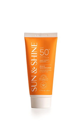 SUN & SHINE MINERAL SUNSCREEN LOTION: SPF50 Broad Spectrum UVA UVB, Face Neck Protection, face mineral lotion Zinc Oxide, for Sensitive Skin,reef safe, fragrance free 1.7 Oz