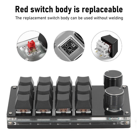 Walfront Red Switch Mechanical Gaming Keyboard 12 Keys 2 Knobs Programmable Wired Keyboard One Handed Mini USB Keypad for Windows for Linux for OS X