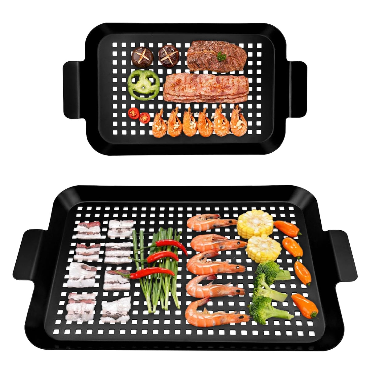 PAXLINSEN Grill Trays, Set of 2 Grill Trays with Non-Stick Coating Vann Can Be Used as a Vegetable Basket, Fish Basket, Grill Trays for Gas Grill Prevents Food from Falling into the Grill