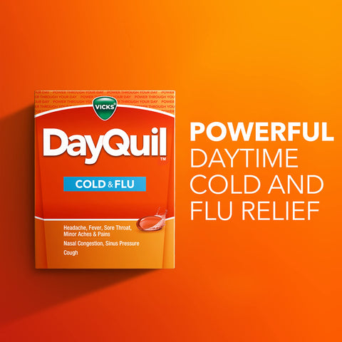 Vicks DayQuil Cold & Flu Medicine, Non-Drowsy Powerful Multi-Symptom Daytime Relief for Headache, Fever, Sore Throat, Minor Aches and Pains, Nasal Congestion, Sinus Pressure and Cough, 48 Liquicaps