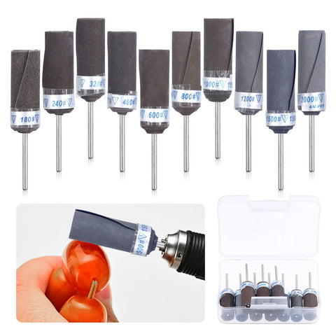 Glarks 10Pcs Sanding Drums Sleeves Polishing Rolls, Abrasive Grinding Head Sandpaper Bar Sticks, 180/240/320/400/600/800/1000/1200/1500/2000 Grit Cylinder Polishing Grinding Mounted Sanding Points
