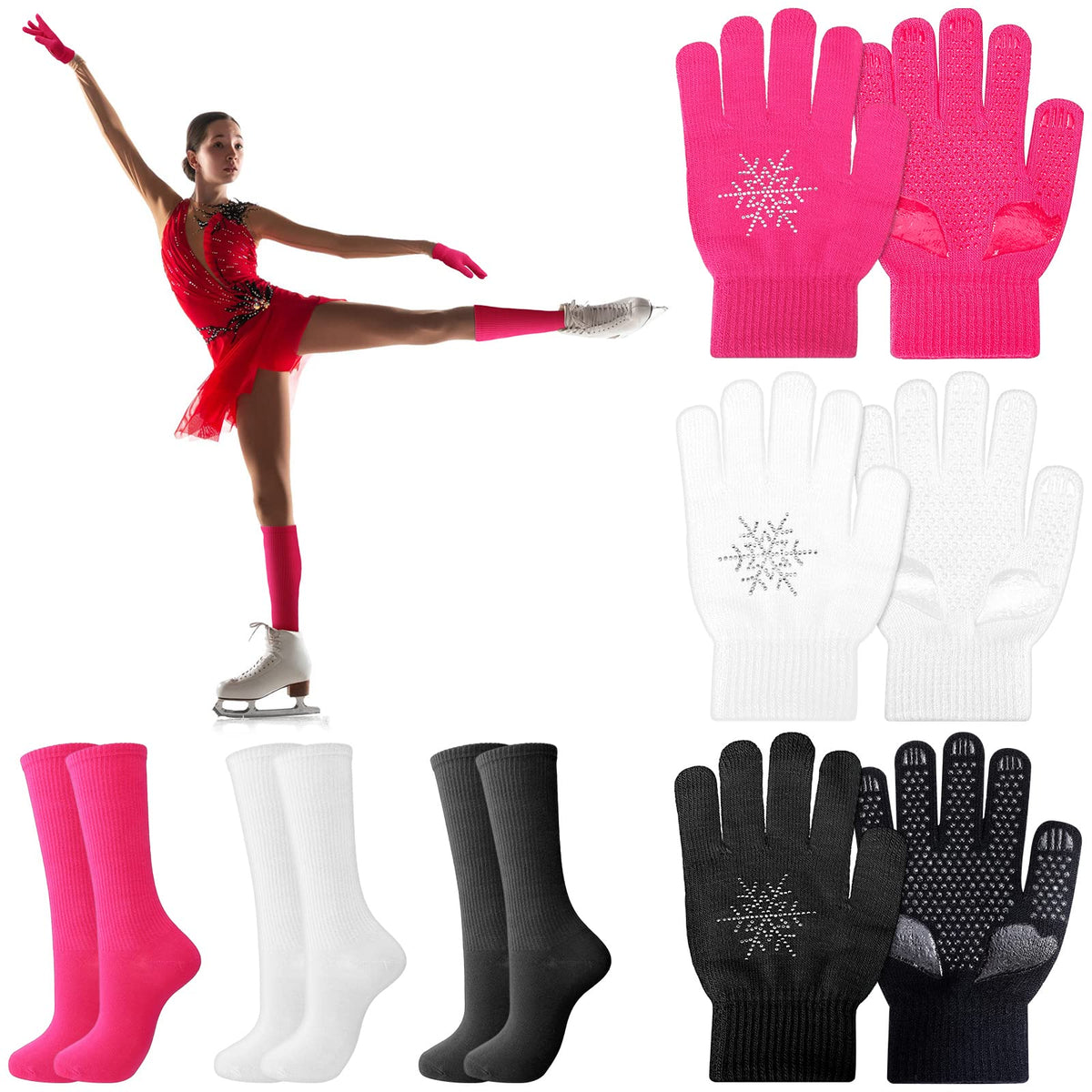 6 Pairs Figure Skating Gloves Socks Set Ice Skating Socks Anti Slip Gloves with Rhinestone Snowflakes Warm Winter Mitten Knit Gloves for Practice Competition, Reduce Falling Injuries