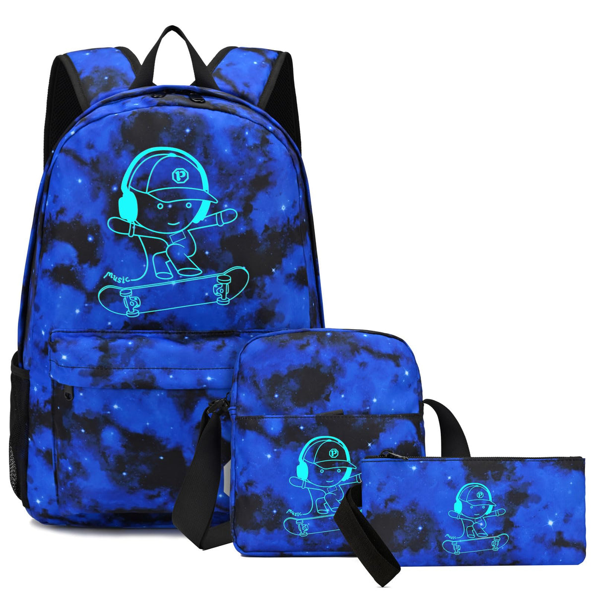 Pawsky Skateboard Anime Luminous School Backpack with USB Charging Port, Anti Theft Lock, Sling Bag & Pencil Case for Teen Boys and Girls, College Bookbag Lightweight Laptop Bag, Blue
