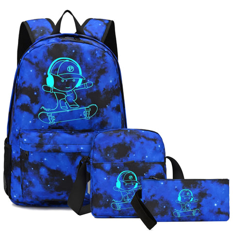 Pawsky Skateboard Anime Luminous School Backpack with USB Charging Port, Anti Theft Lock, Sling Bag & Pencil Case for Teen Boys and Girls, College Bookbag Lightweight Laptop Bag, Blue