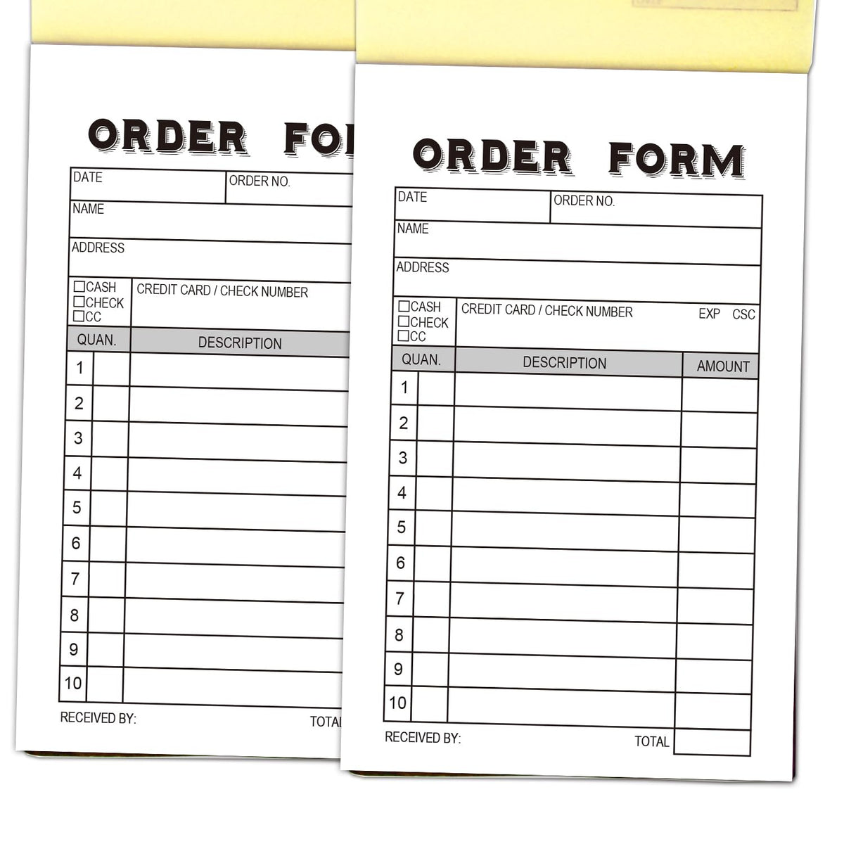 2-Pack Order Form Receipt Book, Receipt Pad, Sales Receipt Form, Order Book, Invoice Booklet for Small Boutique Business, 3.4"x5.5" Handheld, 100 Sets Carbonless-White/Yellow.