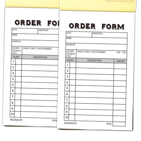 2-Pack Order Form Receipt Book, Receipt Pad, Sales Receipt Form, Order Book, Invoice Booklet for Small Boutique Business, 3.4"x5.5" Handheld, 100 Sets Carbonless-White/Yellow.