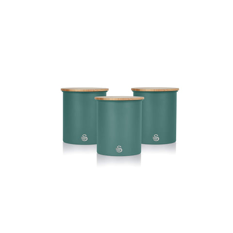 SWAN 3 SWKA17513GREN Nordic Scandi Set of 3 Storage, Tea, Coffee and Sugar Canisters, Pine Green, Steel, Bamboo Lid, 1 Size, 3 Count