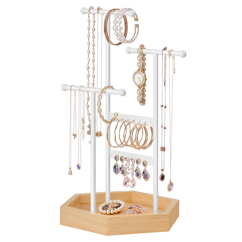 SONGMICS Jewellery Stand, Jewellery Organiser, 4 Independent Zones, Jewellery Display Stand with Metal Frame, Earring Bracelet Necklace Holder, for Rings, White and Natural Beige JJS03NW