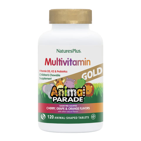NaturesPlus Animal Parade Gold Children’s Multivitamin - Animal Shaped Chewable Multi for Kids - Assorted Flavours - Vegan, Gluten Free - 120 Chewable Tablets