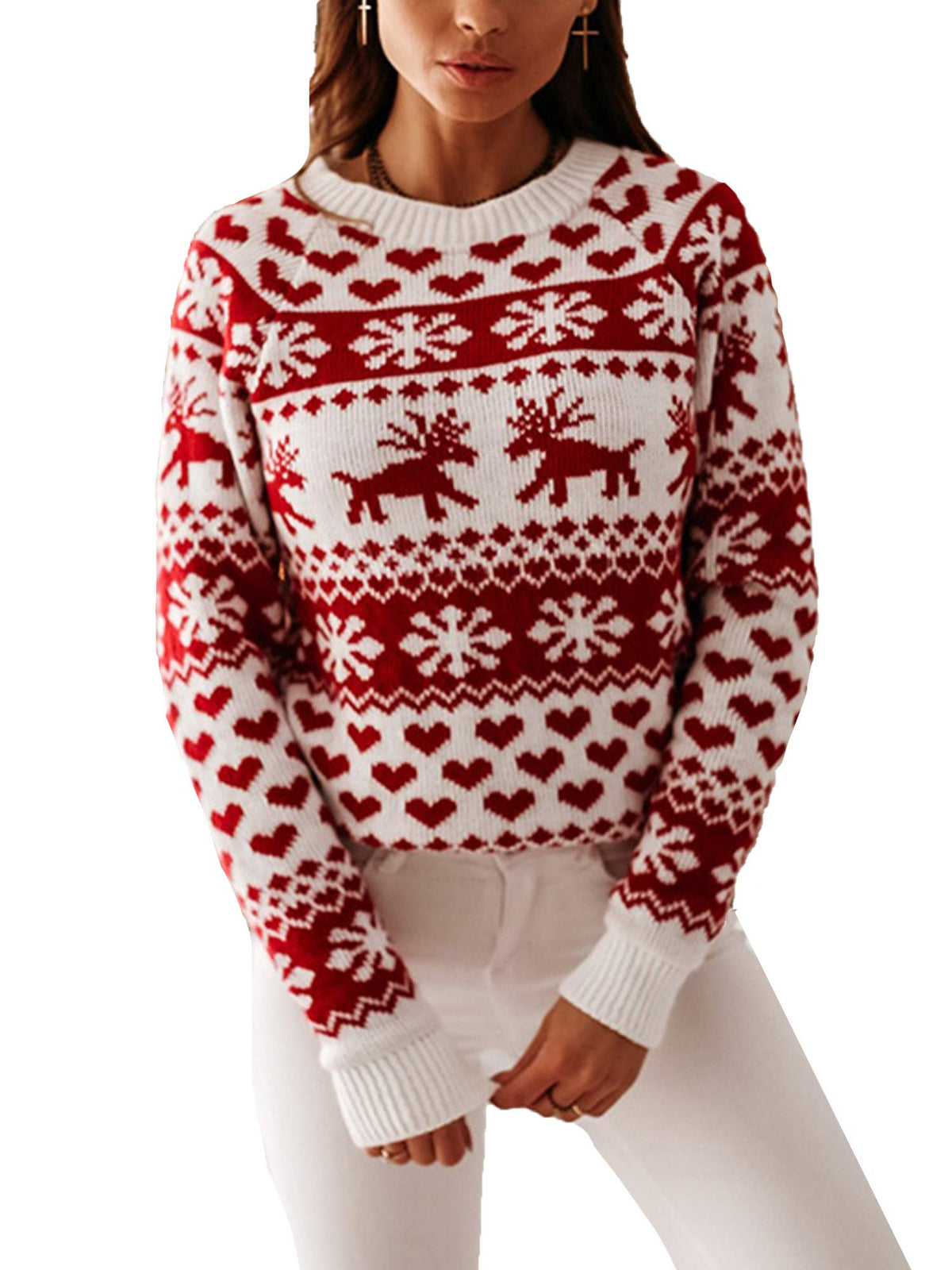 Achinel Women's Christmas Jumper Winter Kintwear Top Xmas Snowflake Long Sleeve Festive Knit Sweater M White Snowflake Elk