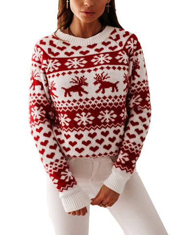 Achinel Women's Christmas Jumper Winter Kintwear Top Xmas Snowflake Long Sleeve Festive Knit Sweater M White Snowflake Elk