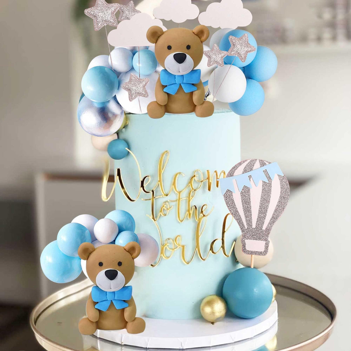 LaVenty 17 PCS Luxury Blue Teddy Bear Cake Decoration Baby Boy Baby Shower Birthday Party Supplies