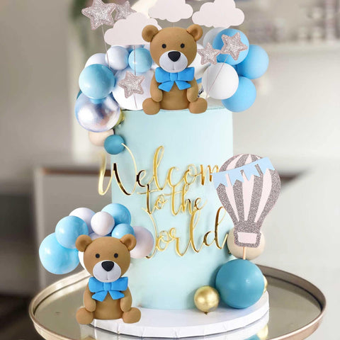 LaVenty 17 PCS Luxury Blue Teddy Bear Cake Decoration Baby Boy Baby Shower Birthday Party Supplies