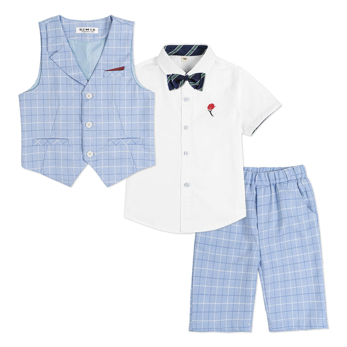 LOLANTA 4-Piece Kids Waistcoat Suit, Boys Wedding Party Shorts Set, Page Boy Outfit, Shirt, Bow Tie, Shorts, Waistcoat, Blue Check, 6-7 Years, 140