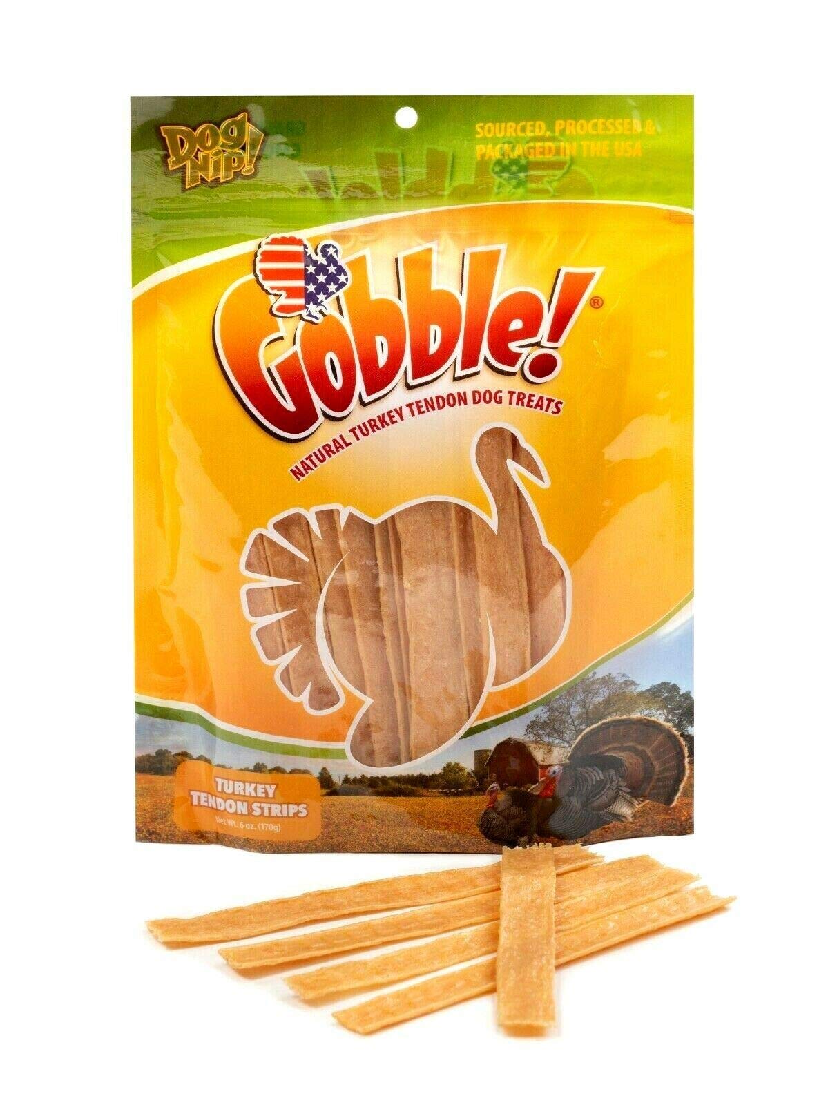 Gobble! 6-Inch Turkey Tendon Strips for Dogs, 6 oz. (170g) Reseal Value Bag, Made in USA, All-Natural Hypoallergenic Dog Chew Treat | Sourced, Processed & Packaged in The USA |