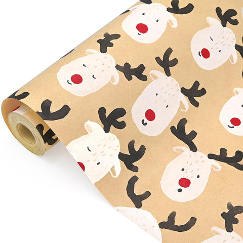 43cm*15m Cute Kraft Birthday Wrapping Paper with Elk, Topeedy Xmas Wrapping Paper Roll with Cute Fawns Design for Xmas Day Children’s Day