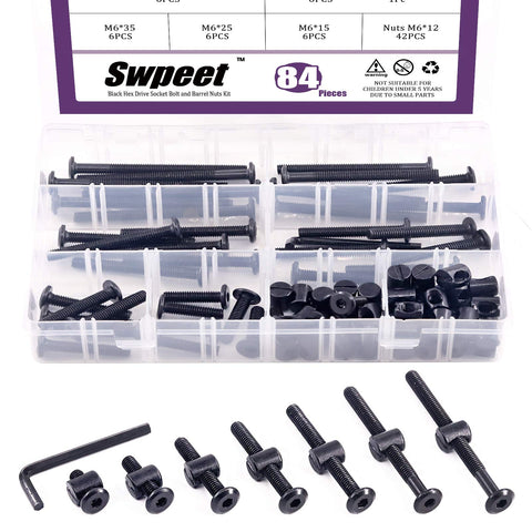 Swpeet 84Pcs Black M6 Ã— 15/25/35/45/55/65/75mm Crib Hardware Screws Kit, Hex Socket Head Cap Crib Baby Bed Bolt and Barrel Nuts with 1 x Allen Wrench Perfect for Furniture, Cots, Crib Screws