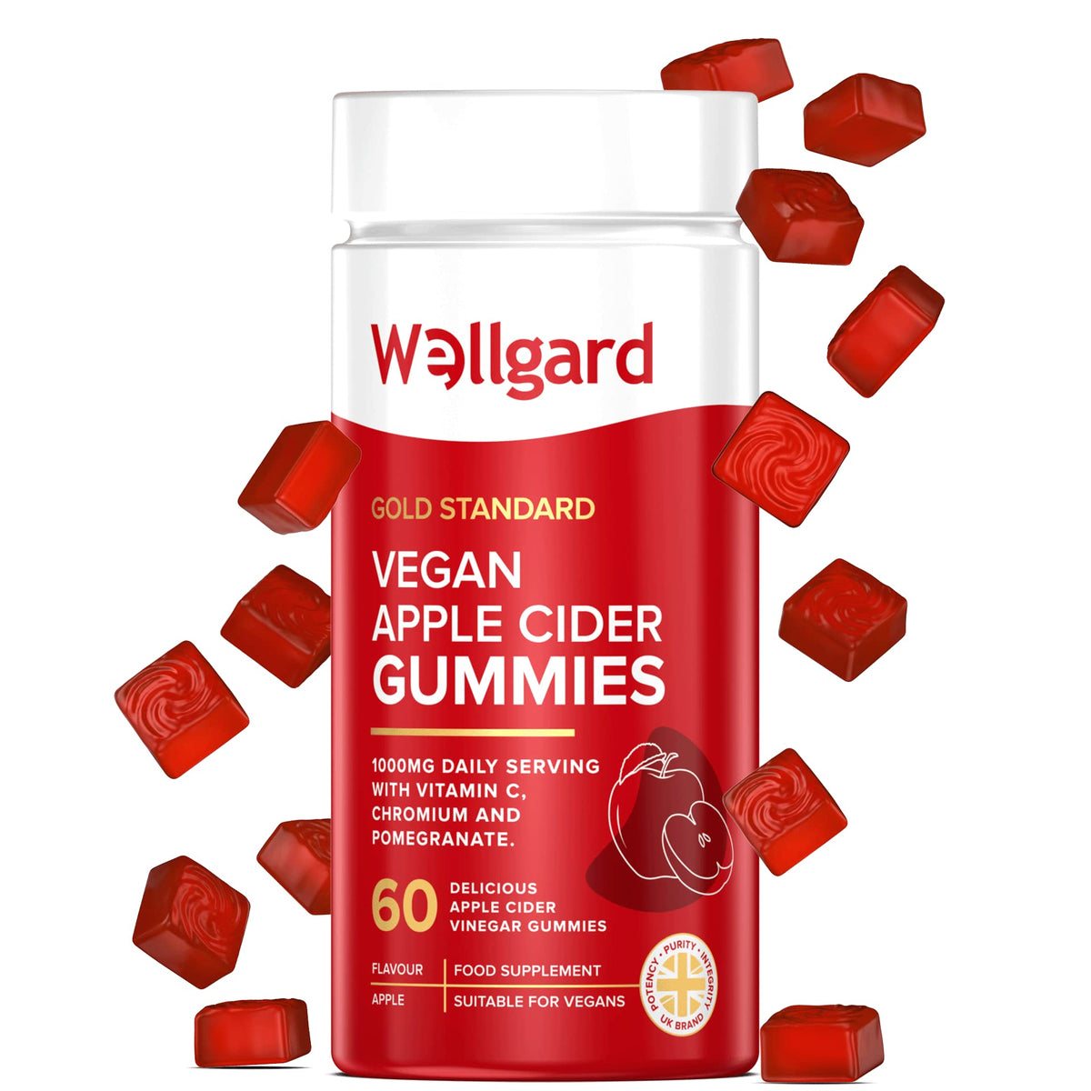 Wellgard Vegan Apple Cider Vinegar Gummies, Gold Standard 1000mg ACV Gummies with Vitamin C, Chromium and Pomegranate, Non-GMO, Gluten-Free & Gelatine-Free