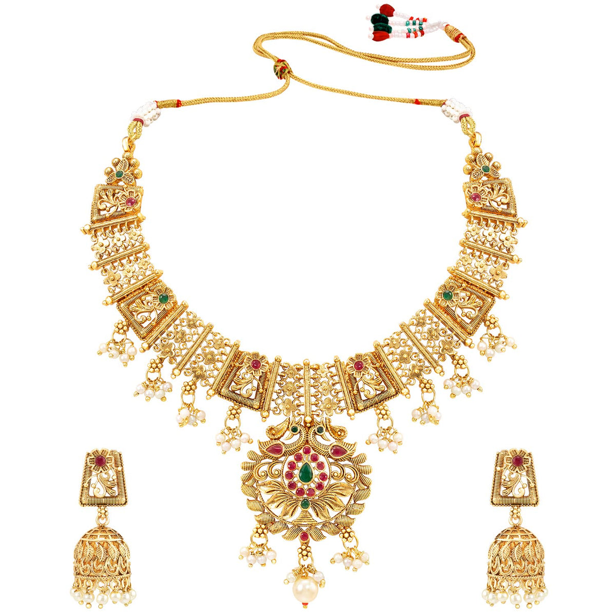 Aheli Ethnic Gold Plated Beads Stone Studded Choker Necklace with Drop Earring Wedding Party Fashion Traditional Jewelry Set Gift for Women