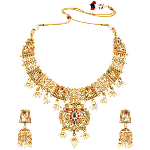 Aheli Ethnic Gold Plated Beads Stone Studded Choker Necklace with Drop Earring Wedding Party Fashion Traditional Jewelry Set Gift for Women