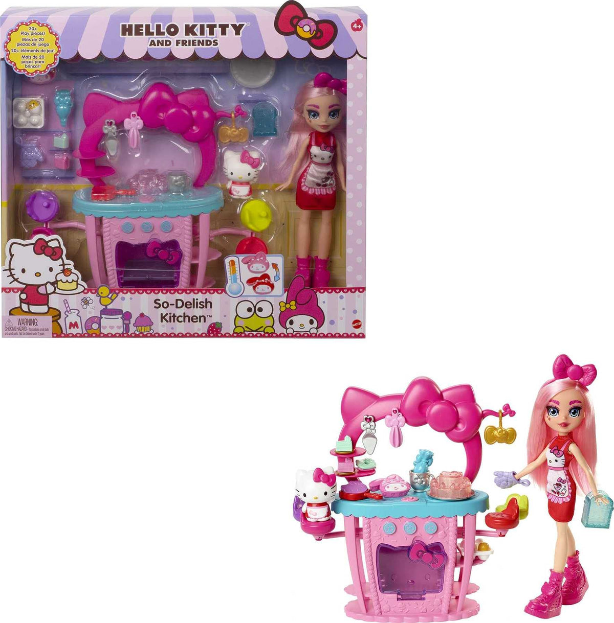 Mattel Hello Kitty and Friends So-Delish Kitchen Playset, Hello Kitty and Ã‰clair Doll (~10-in) with 25 Accessories, Great Gift for Kids Ages 4Y+