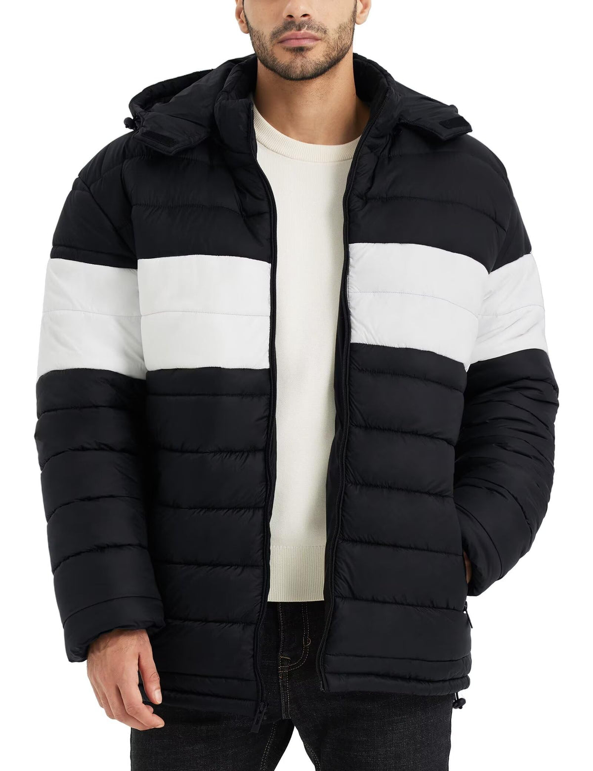 BEST SOUTH Men's Winter Puffer Jacket Hooded Puffy Fleece Warm Lightweight Coat Outerwear Cold Weather, Black/White/Black, 4XL