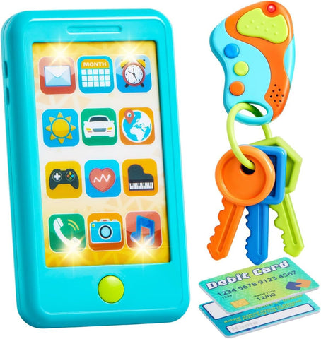 JOYIN Pretend Toddler Play Phone, Learning Toy Phone Set,Keyfob Key Toy and Credit Cards Set, Kids Cellphone Toys, Girls Boys Birthday Gifts for 1 2 3 Year Old,Baby Blue