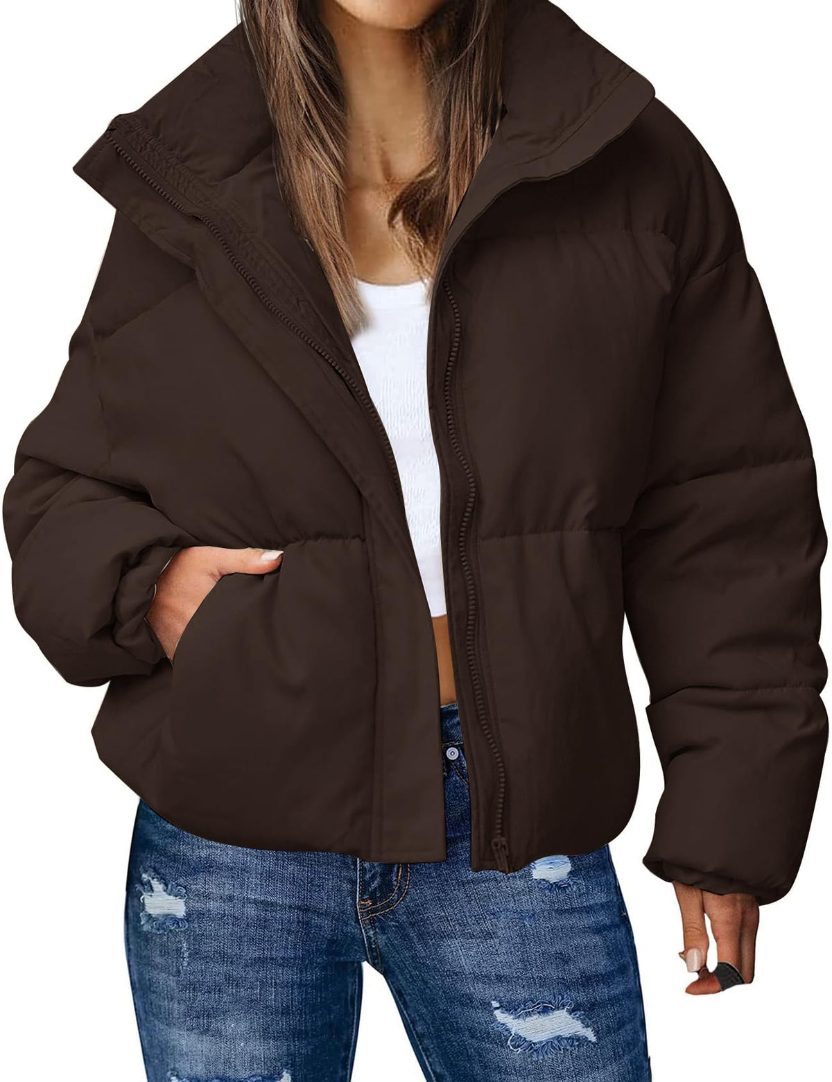 Gihuo Women's Winter Warm Puffer Jacket Stand Collar Baggy Zip Up Short Quilted Jacket Outerwear(Brown-M)