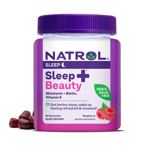 Natrol Sleep+ Beauty, Drug Free Sleep Aid Supplement, for Skin, Hair, Nails, Biotin, Vitamin E, 60 Raspberry Flavored Gummies