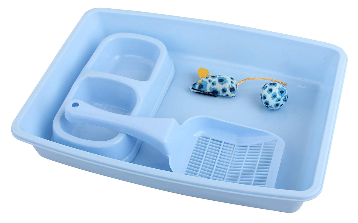 PAWISE Kitty Cat Starter Kit Includes 4-Pieces - Cat Litter Pan, Cat Litter Scooper, Cat Bowls, Cat Toy, 14.5x10.5 Inches, Blueâ€¦