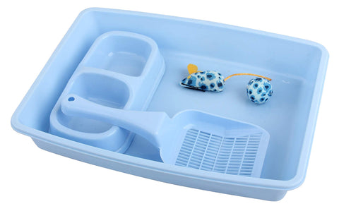 PAWISE Kitty Cat Starter Kit Includes 4-Pieces - Cat Litter Pan, Cat Litter Scooper, Cat Bowls, Cat Toy, 14.5x10.5 Inches, Blueâ€¦