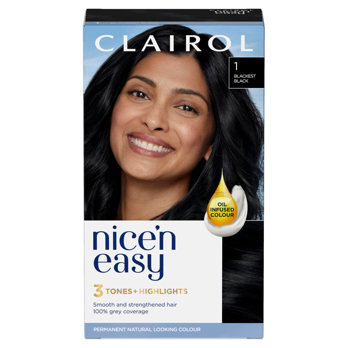 Clairol Nice'n Easy CrÃƒÆ’Ã†â€™Ãƒâ€šÃ‚Â¨me, Natural Looking Oil Infused Permanent Hair Dye, 1 Blackest Black