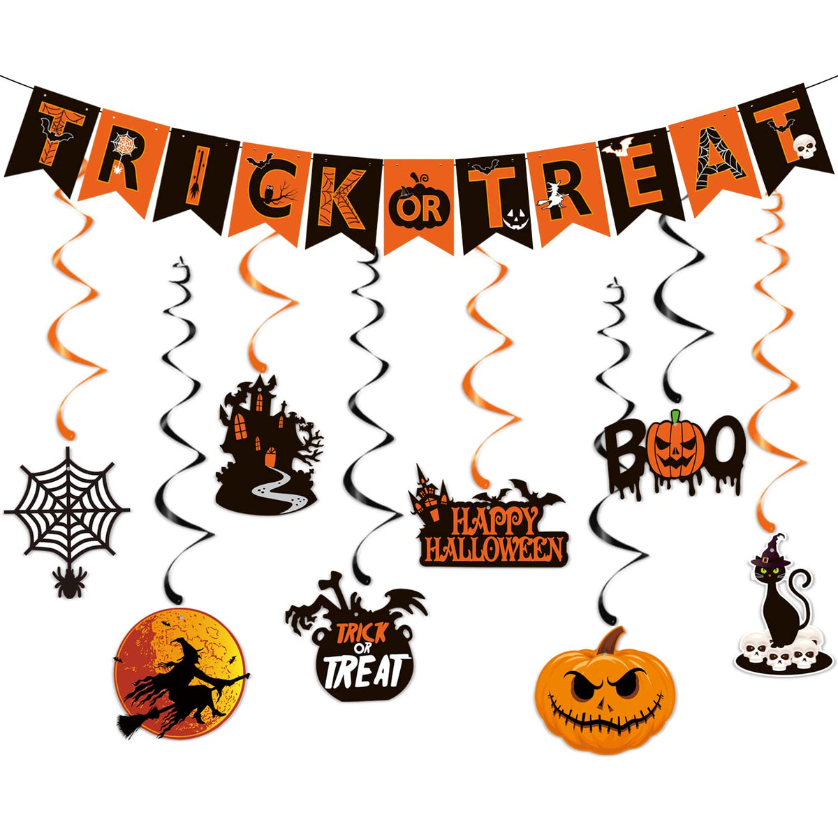 Elicola Halloween Decorations Trick or Treat Banner Bunting with 8PCS Hanging Swirls Flag Pumpkin Bat Decorations Backdrop for Party Decorations