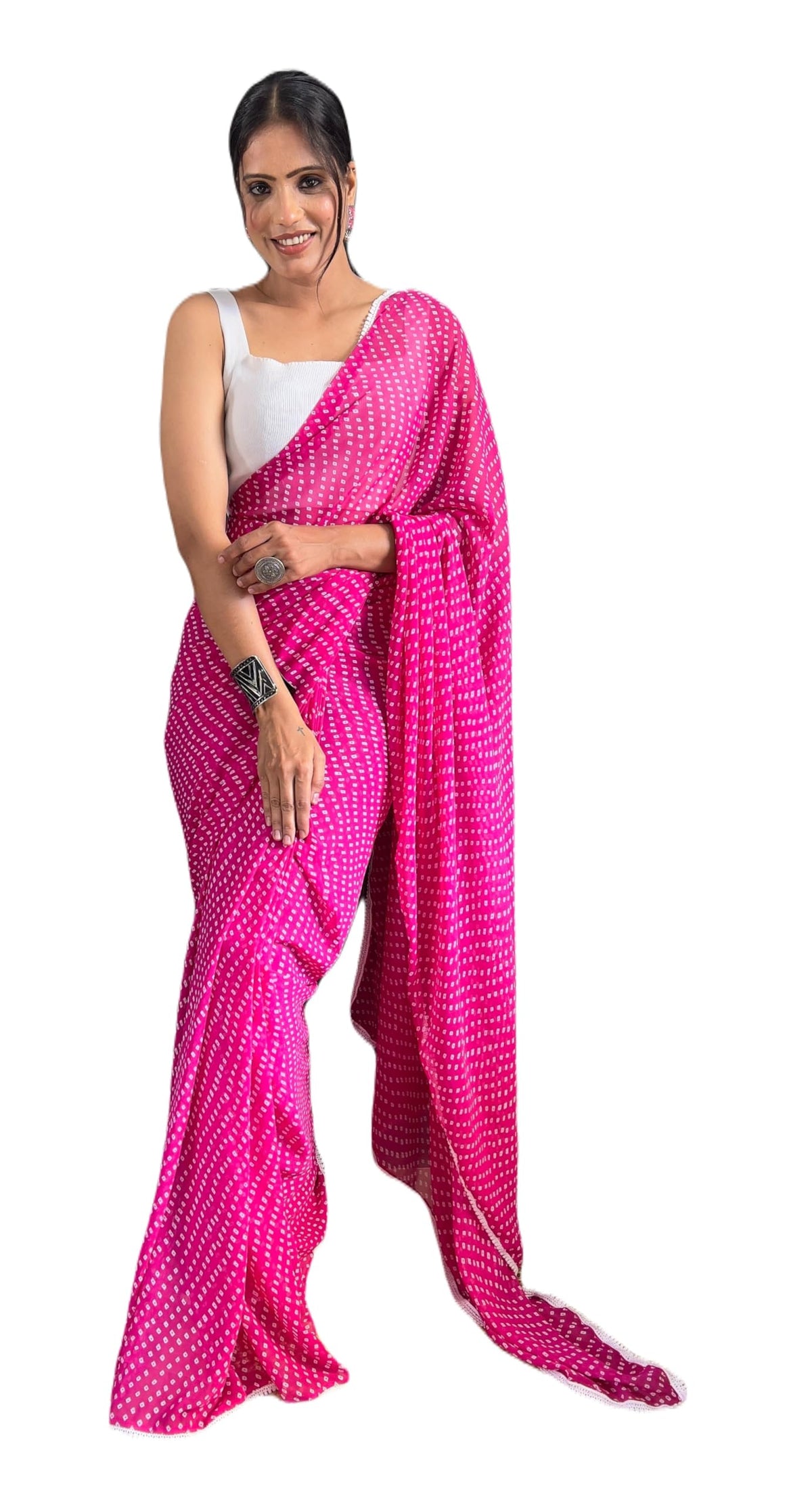 Stylescope Women's Georgette Bandhni/Bandhej Printed Lace Bordered Ready To Wear One Minute Saree With Print Unstitched Blouse Piece (RTW Bandhani), Rani, Free Size