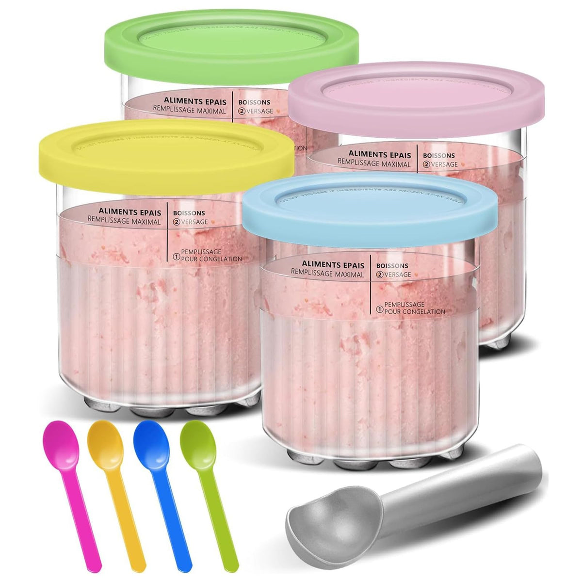 4 Pack Ice Cream Containers with Lids Spoon for Ninja Ice Cream Maker NC500 NC501, Dessert Pint Tubs for Ninja Creami Deluxe Containers Hold 24 Ounces of Food, Clear dessert Tubs Dishwasher Safe