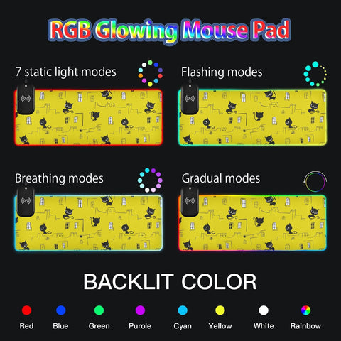 Black Cat Roof Wireless Charging Mouse Pad for Mobile Phone Extra Large Gaming Mousepad with 13 Lighting Modes Mouse Mat for Gaming MacBook PC Laptop Desk Office Home