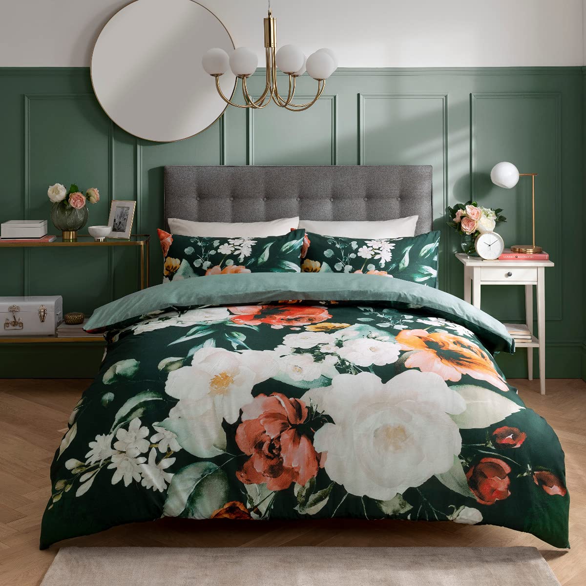 Sleepdown Painted Large Floral Bloom Green White 100% Cotton Duvet Cover Quilt and Pillow Cases Bedding Set Soft Easy Care-Double (200cm x 200cm)