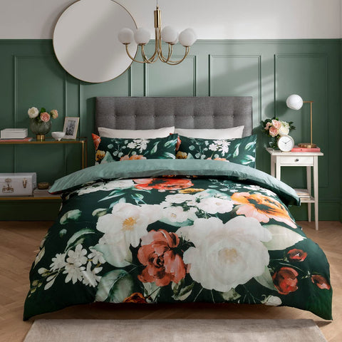 Sleepdown Painted Large Floral Bloom Green White 100% Cotton Duvet Cover Quilt and Pillow Cases Bedding Set Soft Easy Care-Double (200cm x 200cm)