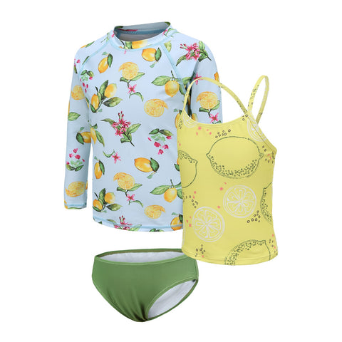 Girls Swimming Costume 3 Piece Rash Guard Set Kids Girls Swimsuit Set Long Sleeve Rash Vest and Shorts Girls Tankini Swim Set 9-10 Years