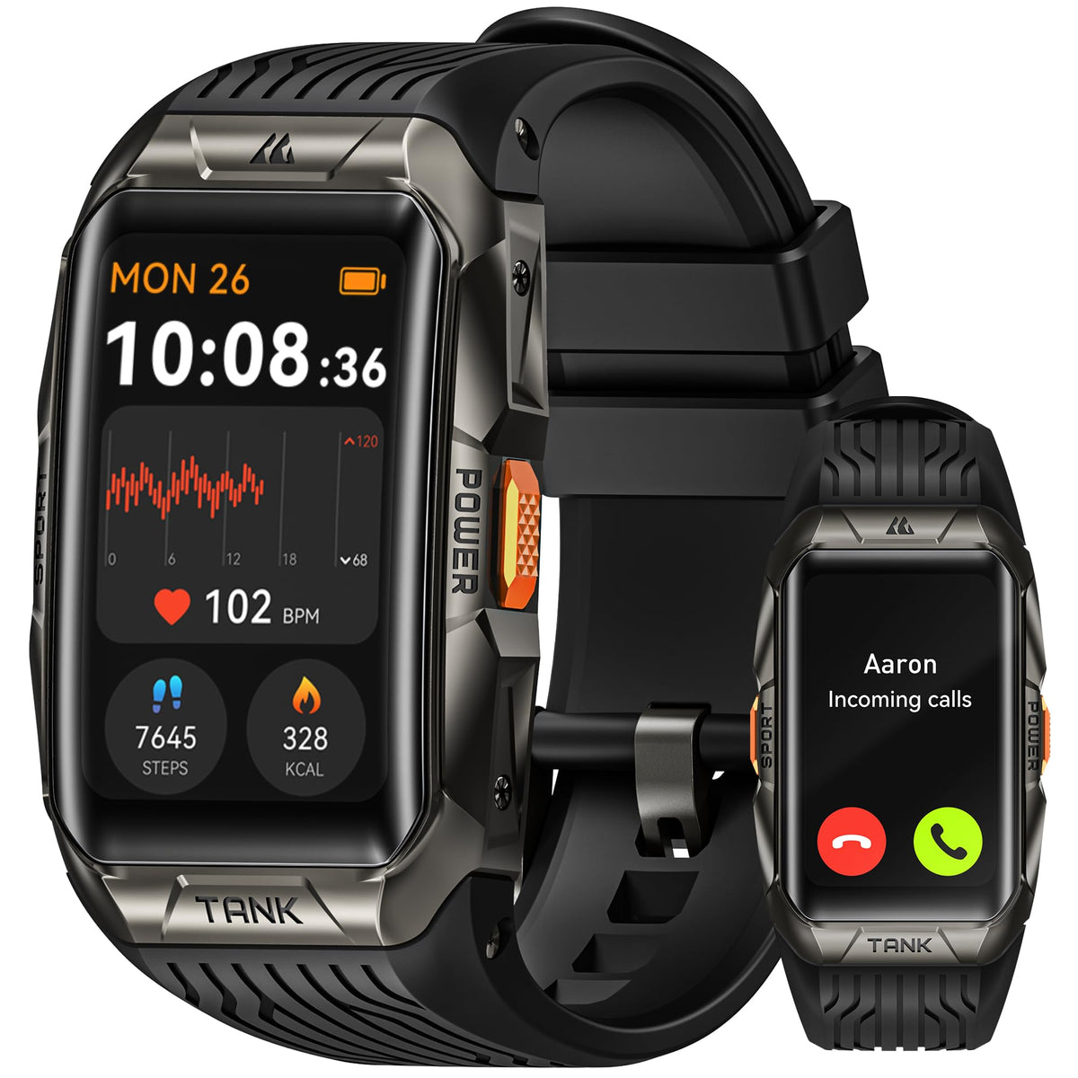 KOSPET Tank X2 Smart Watch, Fitness Tracker with 24/7 Heart Rate, Blood Oxygen Monitor, Sleep Tracker, Blutooth Call, Stainless Steel Unibody, 1.64”AMOLED Always-on Display, AI Voice Assistant