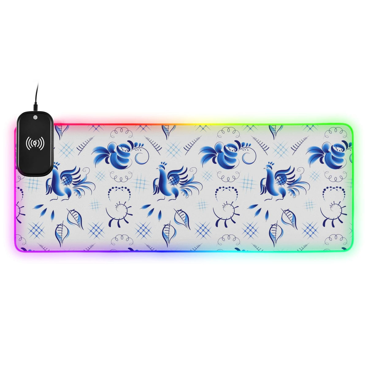 Blue Birds Roses Wireless Charging Mouse Pad for Mobile Phone Extra Large Gaming Mousepad with 13 Lighting Modes Extended Desk Mat for Gaming MacBook PC Laptop Desk Office Home
