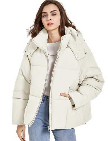 Gihuo Womens Puffer Jacket Full Zip Quilted Hooded Bubble Coats Padded Jacket Long Sleeve Winter Warm Coat Pocket, White, M